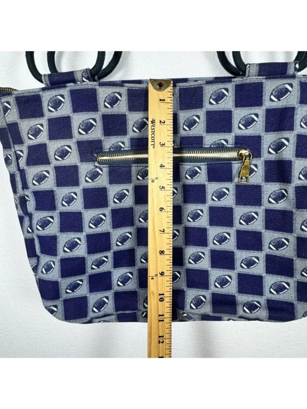 Farmhouse Is My Style Football Tote Rope Handles Blue Checkered Pattern Lined